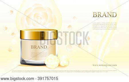 Ads Cosmetics Cream Skin Care With White Rose Background And 3d Packaging