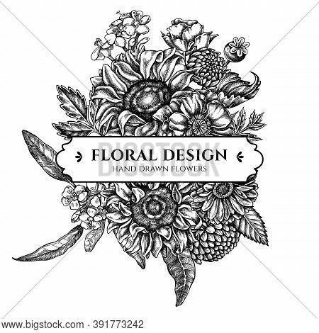 Floral Bouquet Design With Black And White Poppy Flower, Gerbera, Sunflower, Milkweed, Dahlia, Veron