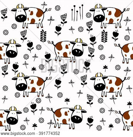 Cute Cows Seamless Pattern. Childish Background. Animal Illustration