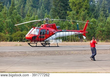 Prospect,  Oregon / Usa - September 13, 2014:  A Small Rescue Helicopter Is On Standby At The Prospe
