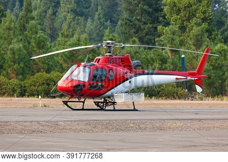 Prospect,  Oregon / Usa - September 13, 2014:  A Small Rescue Helicopter Is On Standby At The Prospe