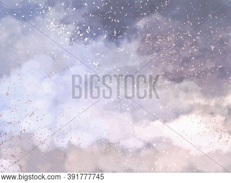 Soft Pink And Blue Clouds Design Background. Glamour Fairytale Backdrop. Plane Sky View With Stars A