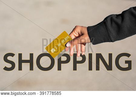 Shopaholic With Gold Card Ready For Shopping. Addicted To Shopping Or Oniomania. Spend A Lot Of Mone