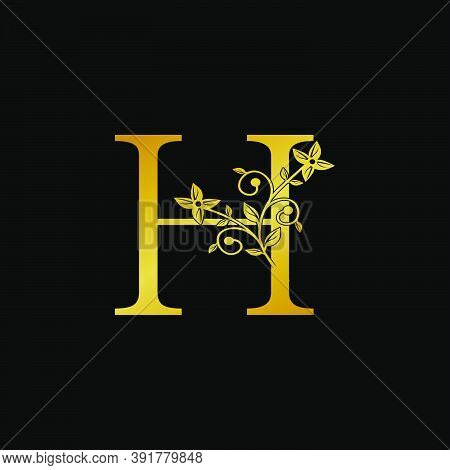Golden Letter H Luxury  Logo Icon, Vintage Design Concept Floral Leaves With Letter H Gold Color For