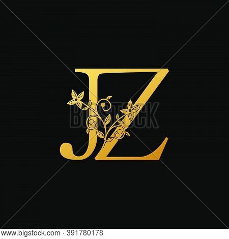 Golden Letter J, L, Jz Luxury  Logo Icon, Vintage Design Concept Floral Leaves With Letter J And Z, 