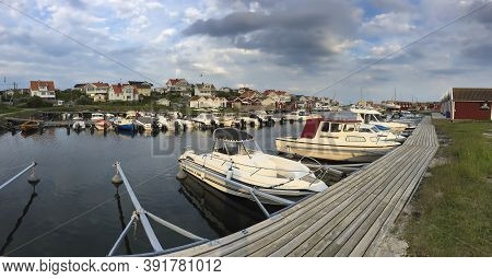 Goteborg, Sweden - June 6, 2017: Evening Panoramic View Of The Picturesque Swedish Harbor Of Boats A