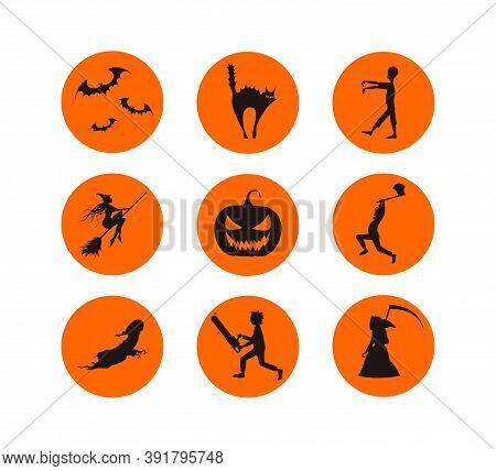 Halloween Spooky Icon Set. Web Icons Of Pumpkin, Black Cat And Crepy Creatures.