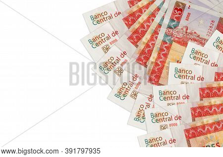 3 Cuban Pesos Convertibles Bills Lies Isolated On White Background With Copy Space. Rich Life Concep
