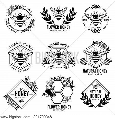 Honey Labels. Beekeeping Eco Product Badges, Apiculture Natural Organic Propolis Stickers. Flower Ne