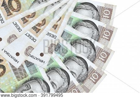 10 Croatian Kuna Bills Lies Isolated On White Background With Copy Space Stacked In Fan Shape Close 