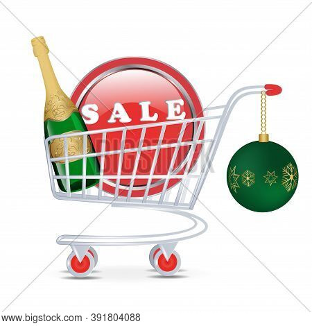 Round Bright Icon For Sale. Shopping Cart, Bottle Of Festive Wine, Christmas Ball - Vector. Winter D