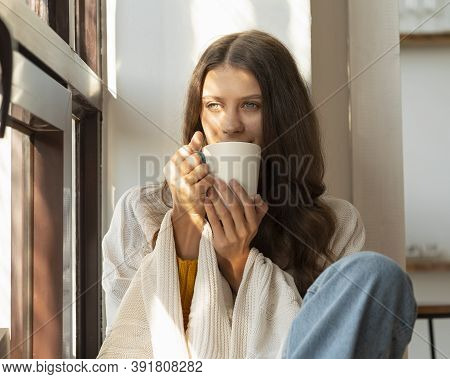 Cup Of Tea Or Coffee. Woman Drinking Hot Beverage And Enjoying Morning,