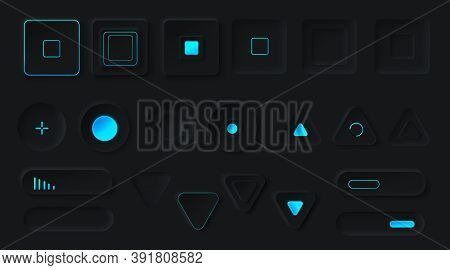 Control Buttons With Neon Backlight. Media Player Interface, Music Or Video Bar, Ui Navigation Switc