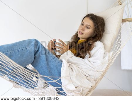 Cup Of Tea Or Coffee. Woman Drinking Hot Beverage And Enjoying Morning,