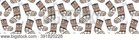Nice Christmas Stocking Vector Seamless Pattern. Festive Decorative Illustration With Doodle Hand Dr