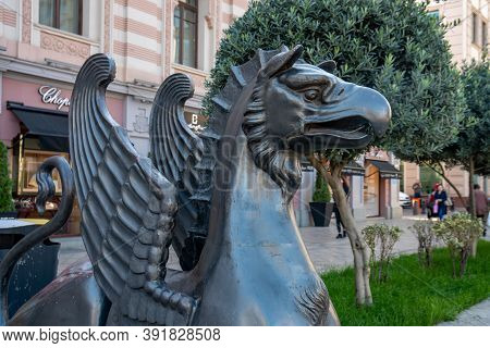 Tbilisi, Georgia - 24 October, 2020: Griffin Statue Of Iranian Antique At Freedom Square In Tbilisi