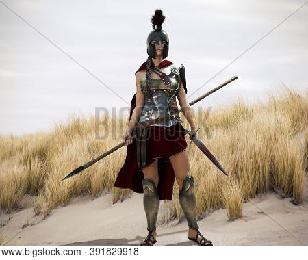 The Spartan. Portrait Of A Battle Hardened Greek Spartan Female Warrior Equipped With A Sword And Sp