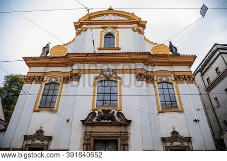 Beautiful Baroque Church Of The Holy Trinity At Spalena Street In The Center Of Prague During The Au