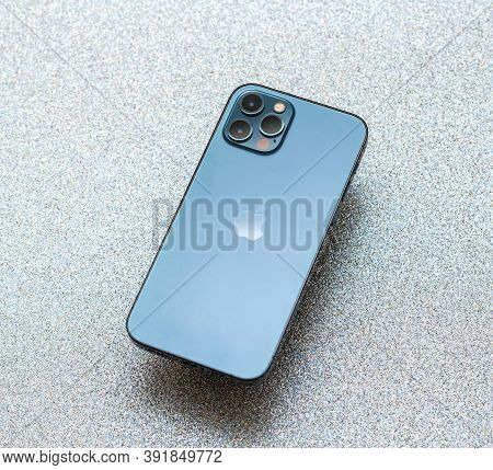 Paris, France - Oct 23, 2020: Rear View Of Lidar And Triple Camera On New Iphone 12 Pro Max 5g Smart
