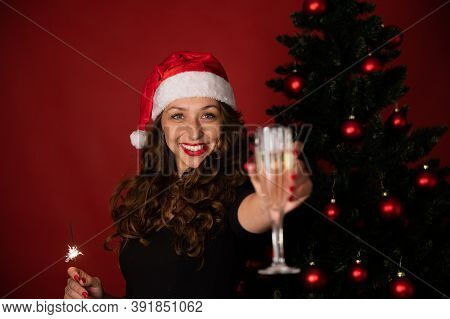 Layout For New Years Corporate Christmas Greetings Or Invitations Copy Space. Beautiful Long-hair Br