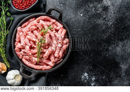 Raw Chicken, Turkey Ground Meat In A Pan. Organic Forcemeat, Mince. Black Background. Top View. Copy