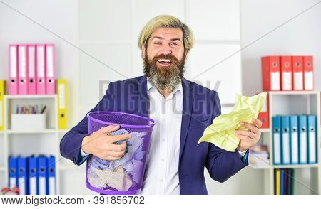 Vile Work. Man Look For Lost Document. Digging In The Trash. Rummaging Through The Papers. Office Wo