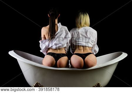 Nice Buttocks. Hot Babes In Bathtub. Couple Pretty Girls Fit Fashion Models With Long Hair. Lesbian 