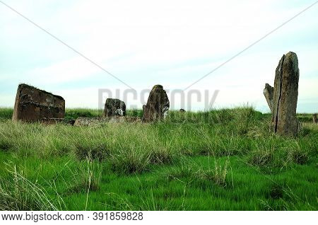 Remains Of An Ancient Structure In The Endless Steppe. Big Salbyk Kurgan, Khakassia, South Siberia, 