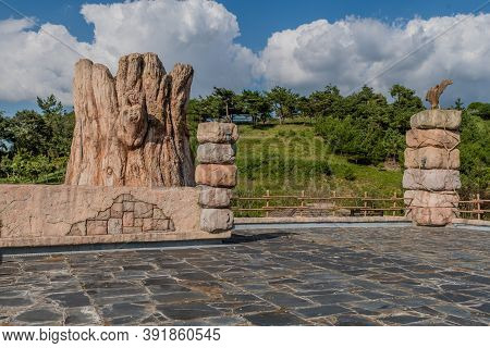 Hampyeong-gun, South Korea; September 27, 2020: View Of Park From Roof Of Bat Exhibition Hall Under 