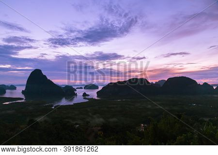 Silhouette Of Phang Nga Bay From Samet Nangshe Viewpoint In The Morning And Beautiful Island View Wh