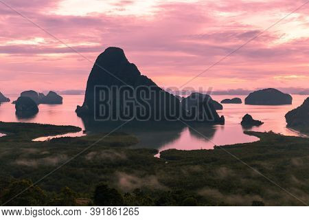 Silhouette Of Phang Nga Bay From Samet Nangshe Viewpoint In The Morning And Beautiful Island View Wh
