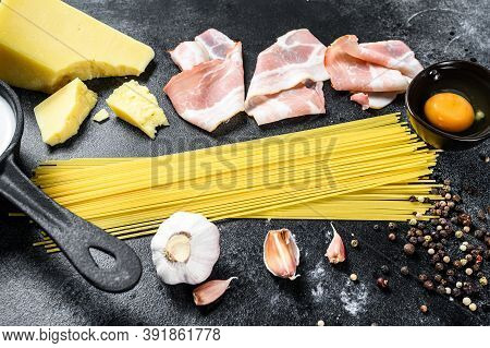 Traidtional Italian Pasta Carbonara Ingredients. Bacon, Spaghetti, Parmesan And Pecorino Cheese, Egg