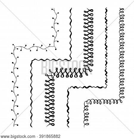 Vector Set Of Five Hand Drawn Brushes With Corner Tiles. Seamless Pattern Of Different Colors For Fr