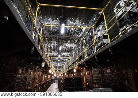 Storage Of Bottled Wine In The Basement Of The Massandra Winery In The Republic Of Crimea, Russia. S