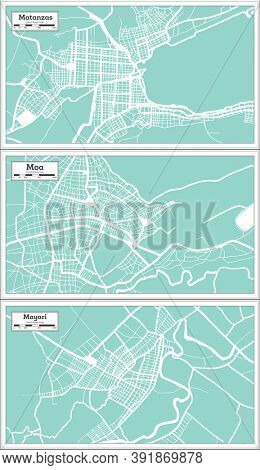 Moa, Mayari and Matanzas Cuba City Maps Set in Retro Style. Outline Maps.