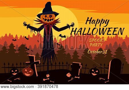 Happy Halloween Scarecrow Character At The Cemetery With A Jack O Lantern Head Pumpkin In Ripped Coa