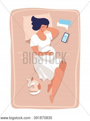 A Young Pregnant Woman Lies And Sleeps On The Bed. Illustration About Pregnancy And Childbirth, Heal