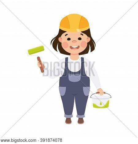 Cute Builder With Roller Brush And Pail Of Paint, Little Girl Painter Character In Hard Hat And Blue
