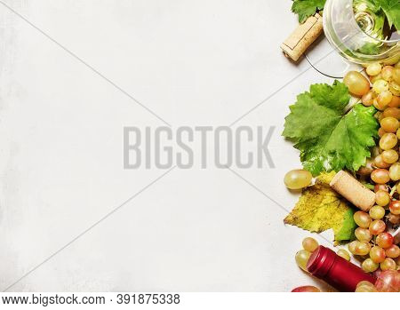 Dry White Wine In Glass And Bottle, Fresh Gpare, Frame, Drink Backround, Top View