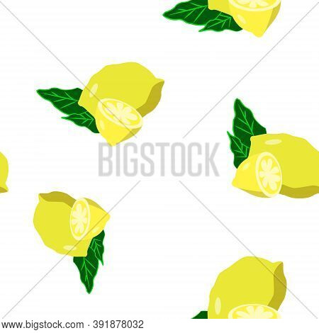 Seamless Pattern With Juce Fruit, Endless Texture With 
Whole Lemon