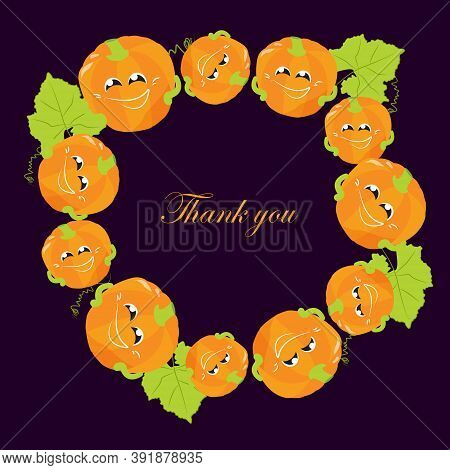 Cute Wreath With Pumpkin And Greens, Vector Hand Drawing For Design Of Banners And Greeting Cards Fo