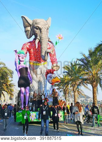 Nice, Cote D'azur, France - February 23, 2020: Nice Carnival (carnaval De Nice).  This Years Theme I