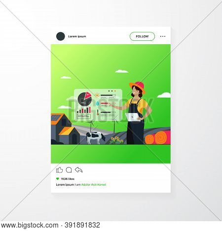 Happy Female Farmer Working On Farm To Feed Population Flat Vector Illustration. Cartoon Farm With A