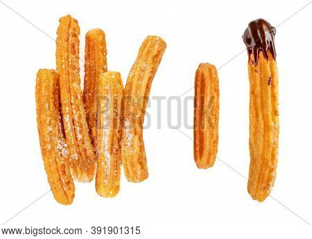 Churro Isolated On White Background. Traditional Spanish Food. Various Churros Top View. Flat Lay