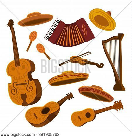 Set Of Mariachi Musical Instruments And Sombreros