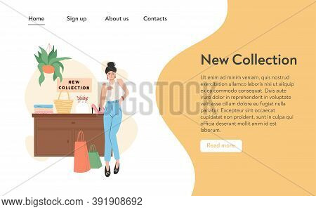 Woman In Fashionable Clothes Standing Near Counter With Pirses And Textile Vector Flat Cartoon Illus