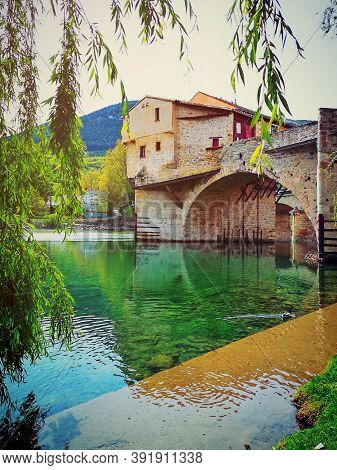 Vieu At The Mill Of Millau, On The Tarn River, In Southern France/ Bridge Pont Vieux And Watermill O