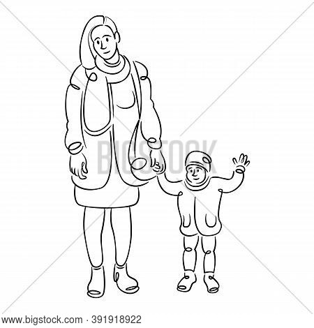 Young Woman Mother With Small Child. Concept Of Motherhood And Childhood. Continuous Single Line.fla