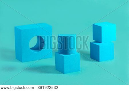 Empty Cubic, Rectangular And Semi-cylindrical Podiums Are Podiums For Product Presentations Or Exhib