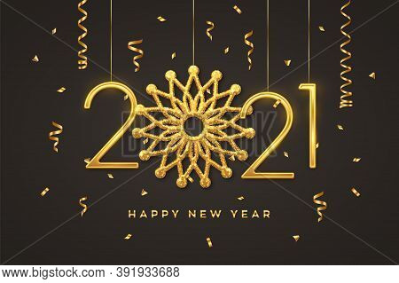 Happy New 2021 Year. Hanging Golden Metallic Numbers 2021 With Shining Snowflake And Confetti On Bla